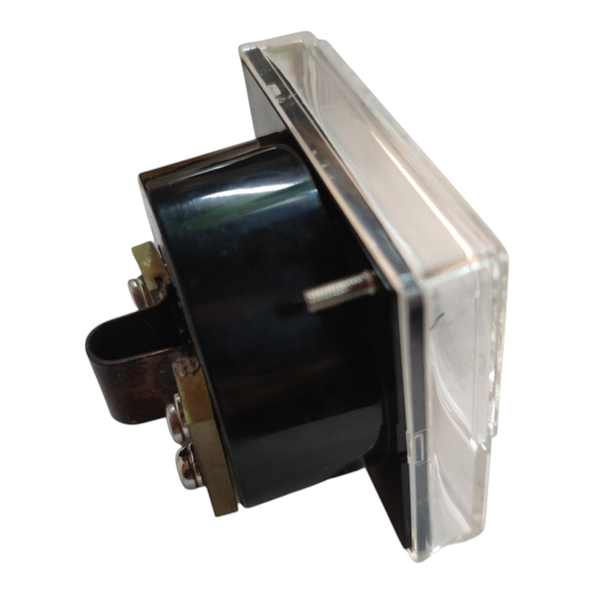 A small electrical component with a glossy black cylindrical body, metal terminals, and a clear plastic cover, shown on a plain white background.