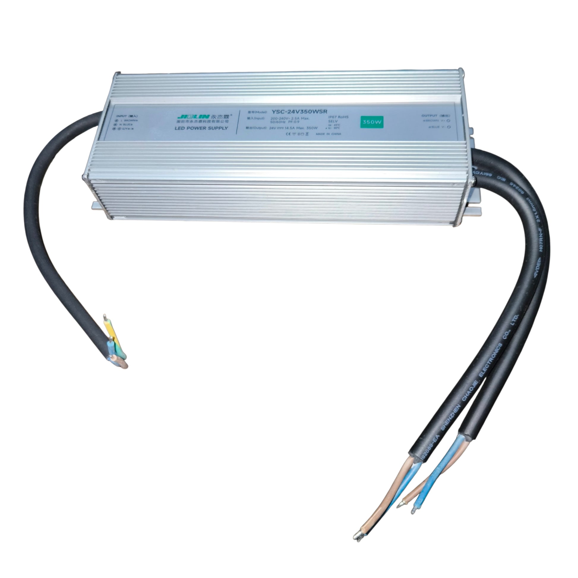 Electrical power supply unit with cables on a white background