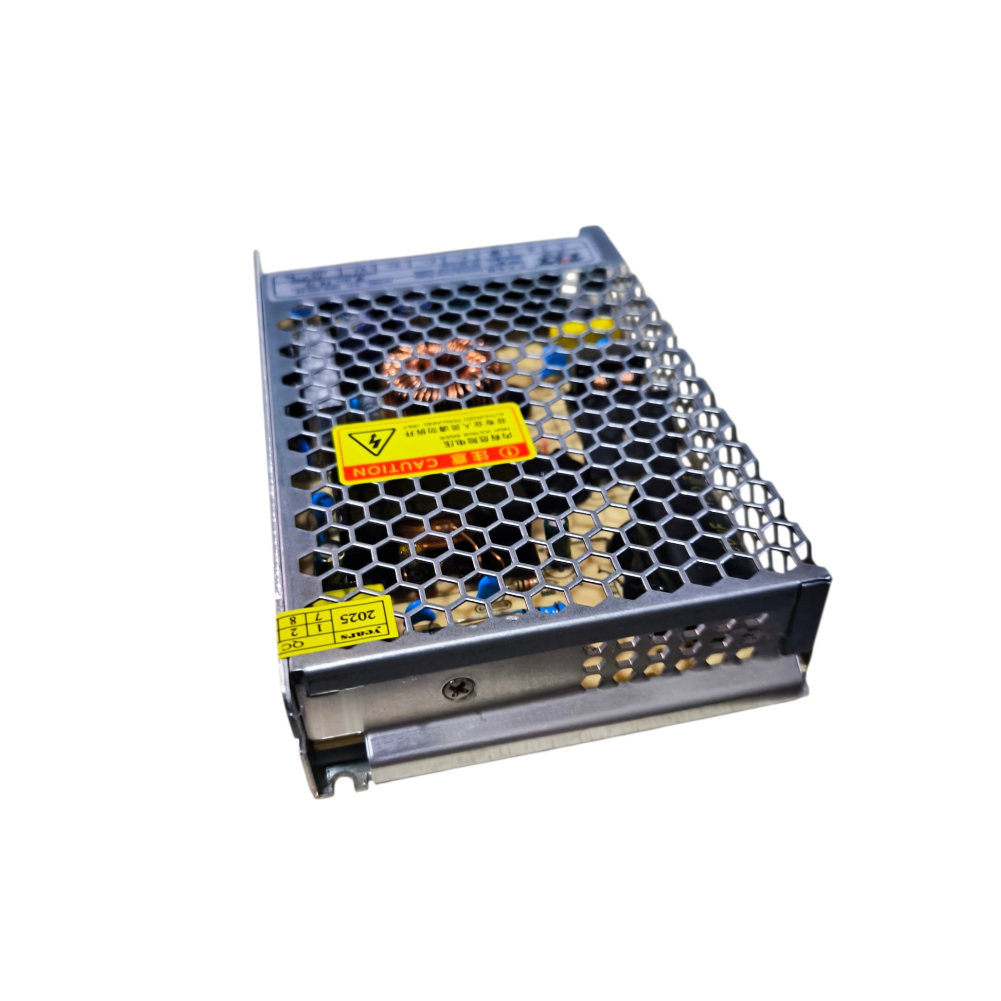 Electrical power supply unit with warning labels on a white background