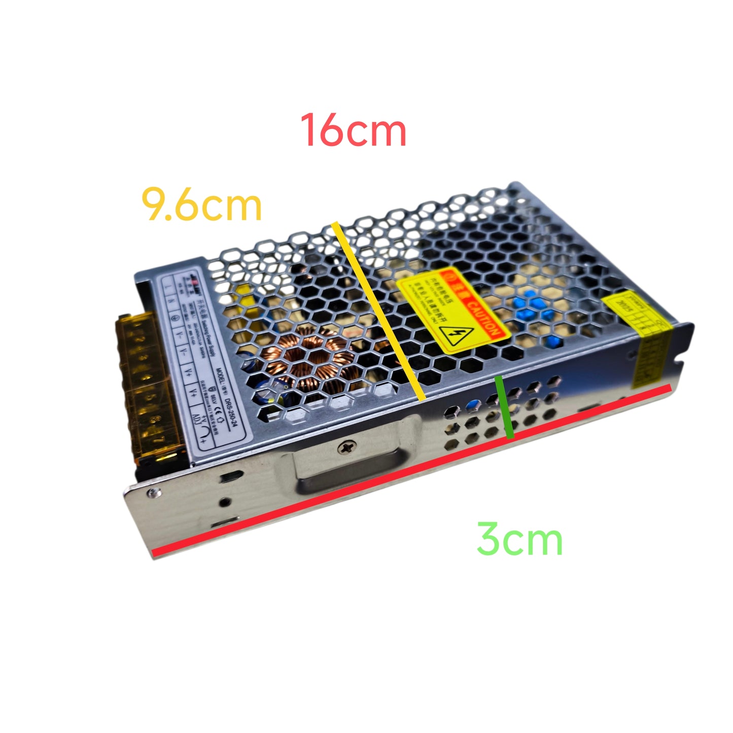 Rectangular electronic component with dimensions labeled on a white background