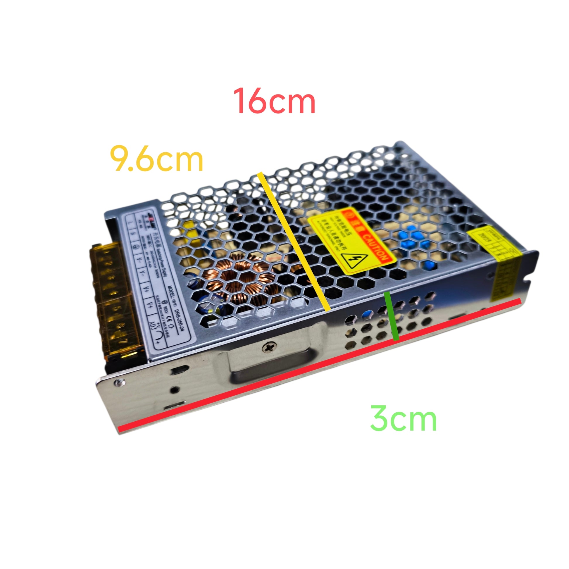 Rectangular electronic component with dimensions labeled on a white background