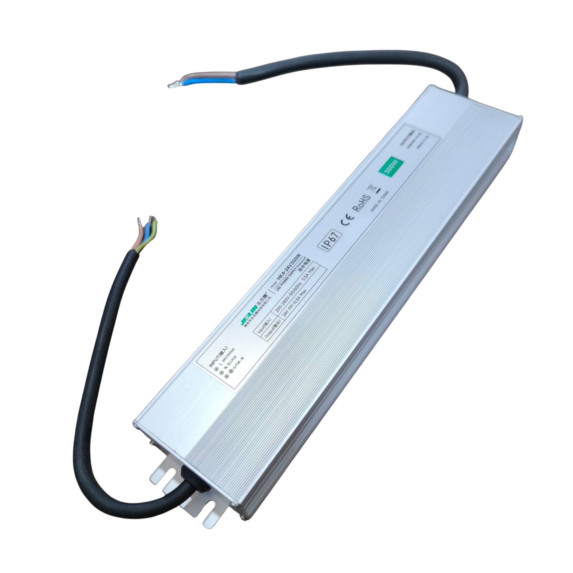 Rectangular electronic component with wires on a white background