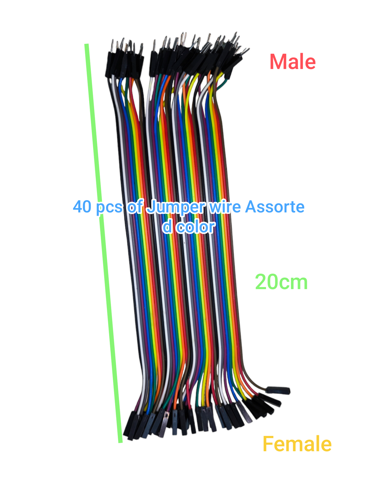 40 pcs of 26 AWG male to female jumper wires in assorted colors, each 20cm long, ideal for electrical projects.