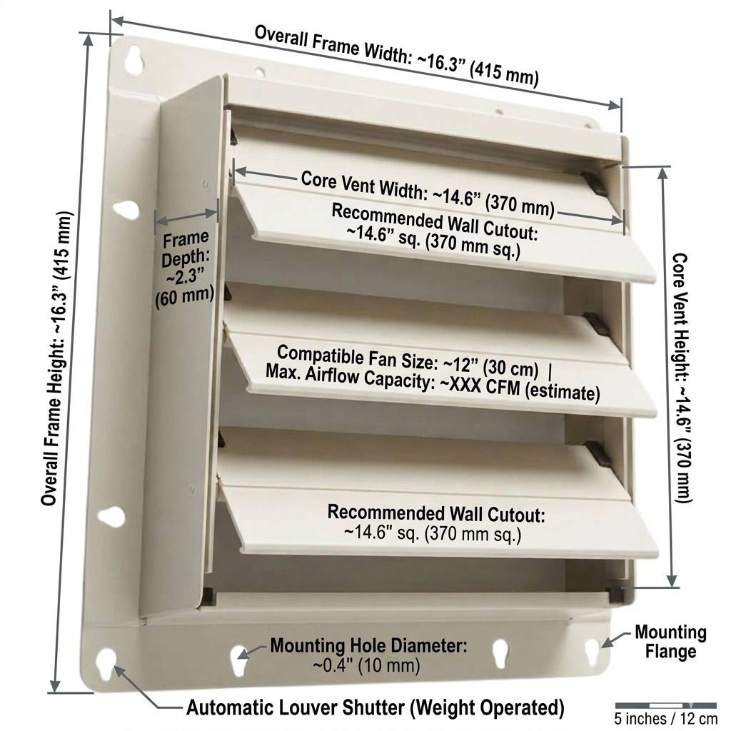 A technical dimension diagram of a white metal automatic louver shutter, showing overall frame width and height, frame depth, core vent width, recommended wall cutout, compatible fan size, and mounting hole details with measurement labels.