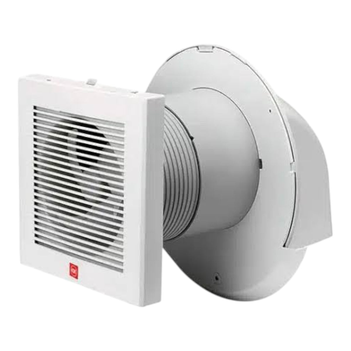 A white square wall-mounted exhaust fan with a ribbed front grille and a round flexible duct connector, shown on a plain white background.