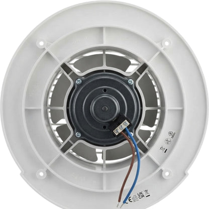 A white circular ceiling fan housing with a visible black central motor and wiring, photographed against a plain white background.