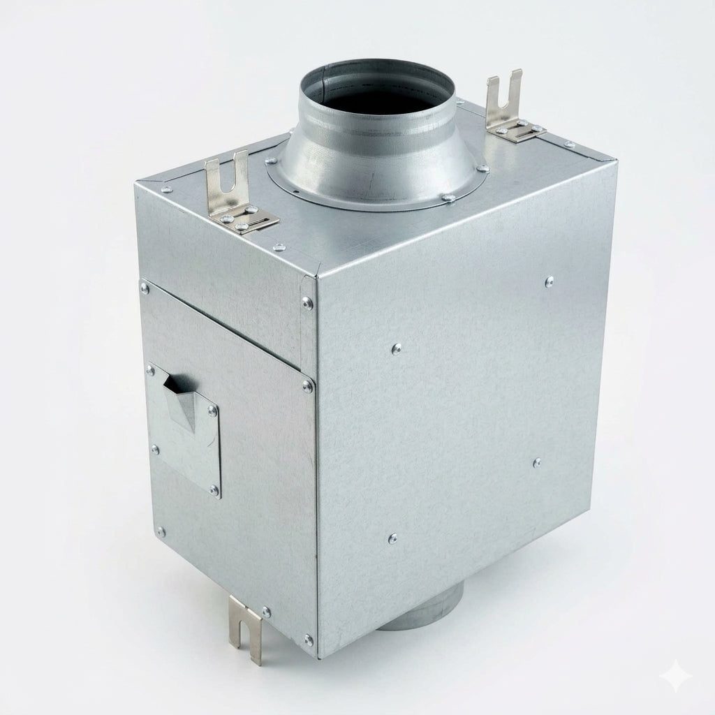 A galvanized steel duct silencer and filter box with a cylindrical inlet at the top, a side access panel, and metal mounting tabs, shown on a white background.