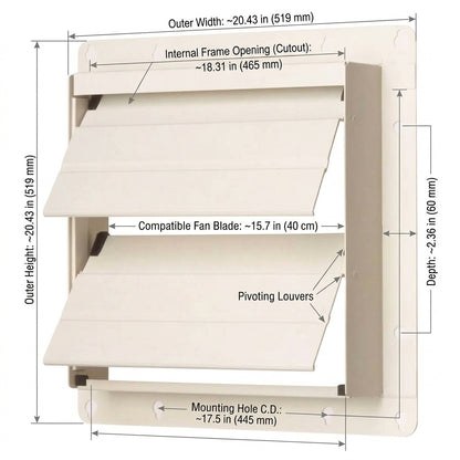 A beige wall-mounted outdoor vent cover with dimension callouts showing outer width, outer height, internal frame opening cutout, compatible fan blade size, depth, and mounting holes.