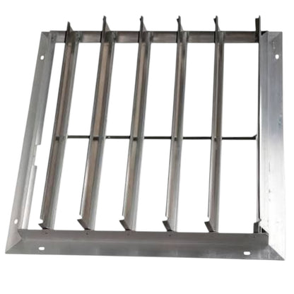 A square stainless steel window grille or safety guard with six vertical bars and a horizontal crossbar, isolated on a white background.