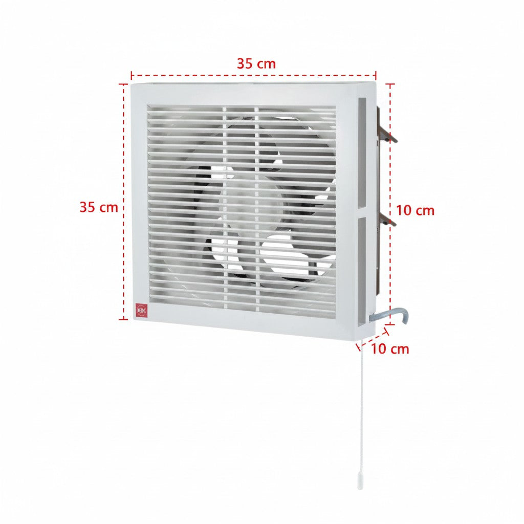 White wall-mounted exhaust fan with dimension markings showing 35 cm width, 35 cm height, and 10 cm depth, on a plain white background.