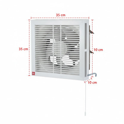White wall-mounted exhaust fan with dimension markings showing 35 cm width, 35 cm height, and 10 cm depth, on a plain white background.