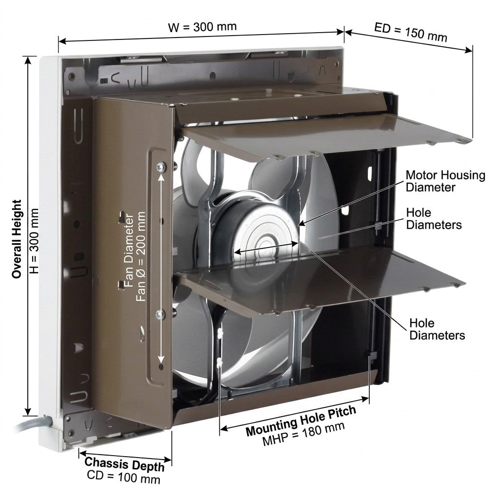 Technical dimension diagram of a wall-mounted exhaust fan showing overall height, width, fan diameter, motor housing diameter, hole diameters, mounting hole pitch, and chassis depth with measurement labels.
