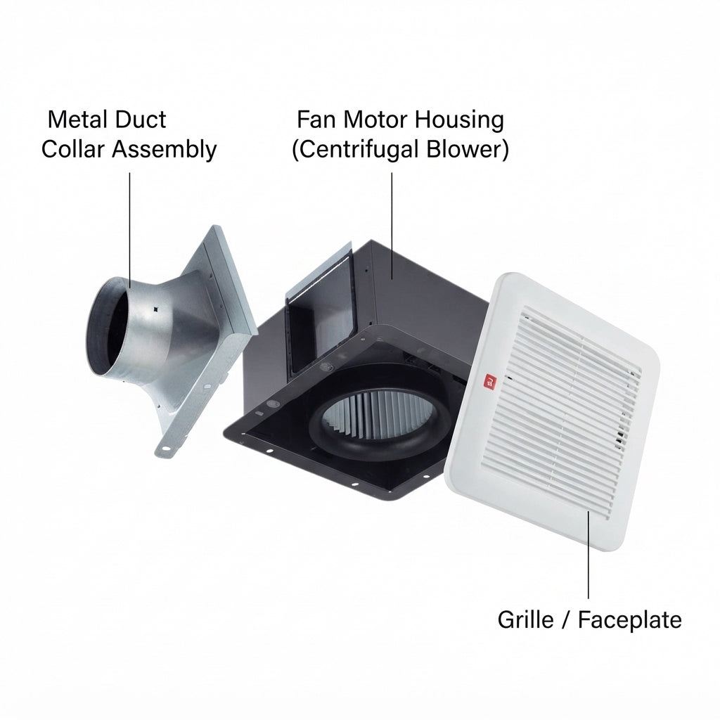 An exploded view diagram of a ceiling fan vent assembly, showing the metal duct collar assembly, the fan motor housing (centrifugal blower), and the grille/faceplate, labeled with text on a white background.