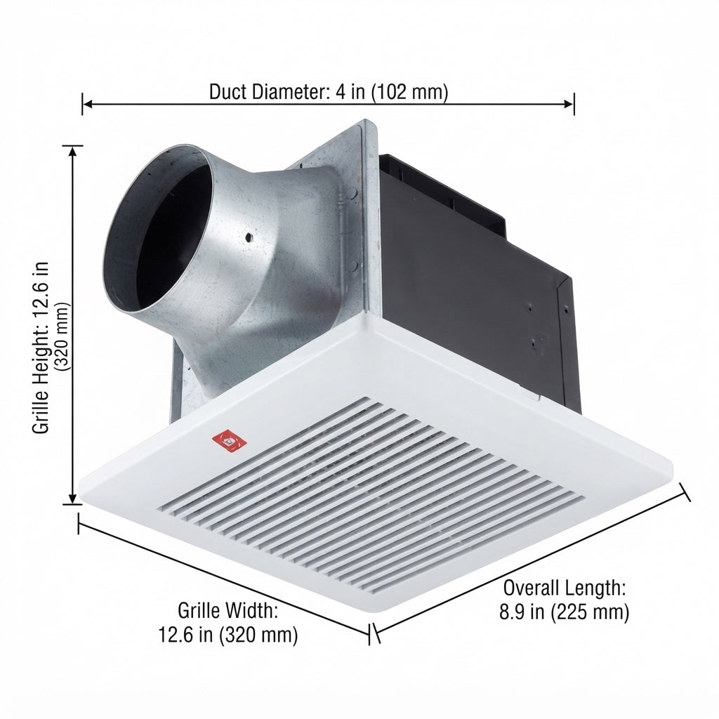 A ceiling fan vent with dimension annotations showing duct diameter, grille height, grille width, and overall length on a white background.