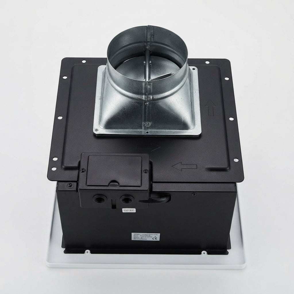 A black duct vent fan with a silver metal flange and circular duct outlet, shown from a top-down angle on a light gray background.