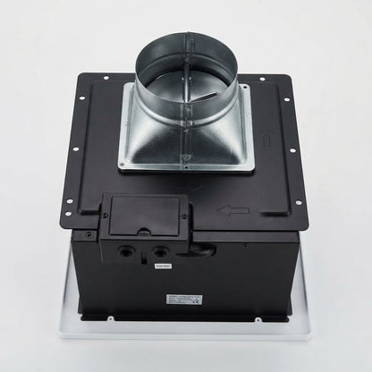 A black duct vent fan with a silver metal flange and circular duct outlet, shown from a top-down angle on a light gray background.
