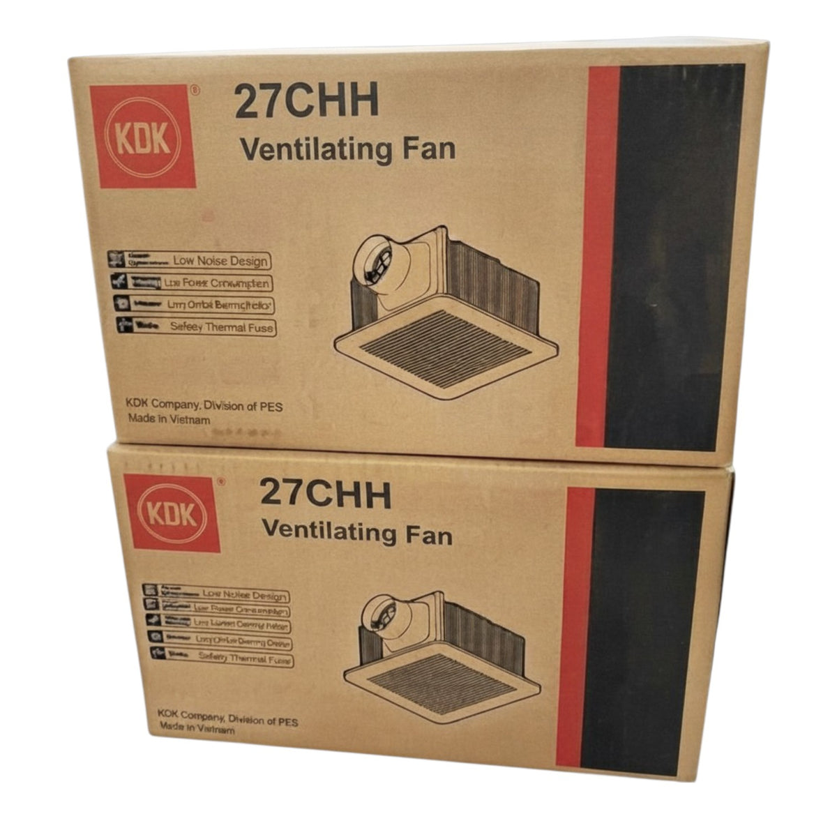Two stacked brown cardboard boxes of KDK 27CHH Ventilating Fan on a plain white background.