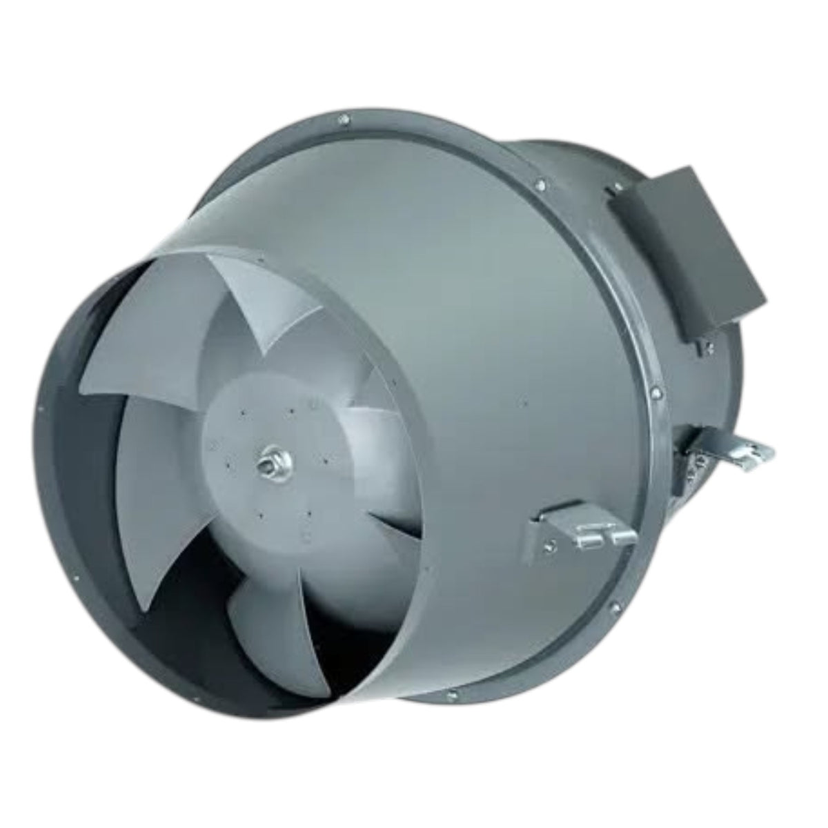 A gray metal duct fan with a multi-blade impeller and mounting bracket, shown on a plain white background.