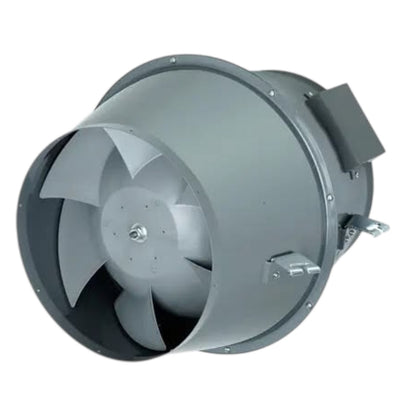 A gray metal duct fan with a multi-blade impeller and mounting bracket, shown on a plain white background.