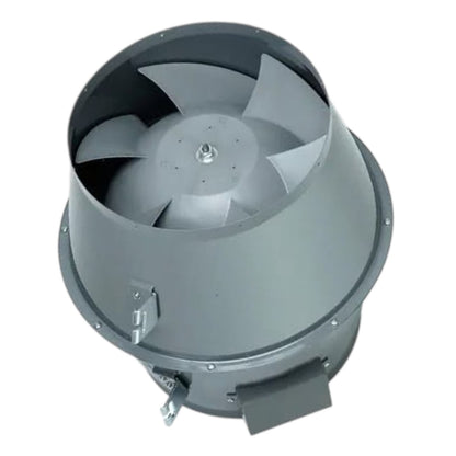 A gray metal duct fan with a multi-blade impeller inside a conical housing, shown on a plain white background.