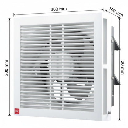 White wall-mounted ventilation fan with front grille and dimension markings showing 300 mm width, 300 mm height, 100 mm depth, and 20 mm frame thickness. A small red AQC logo is visible at the bottom left.