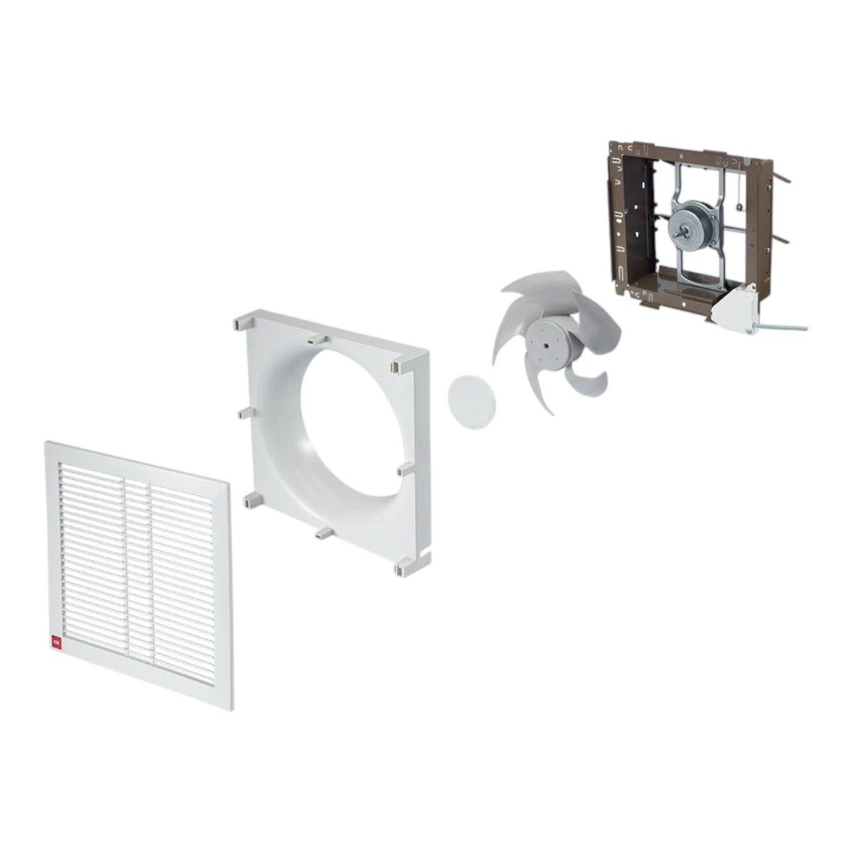 A disassembled white exhaust fan kit on a plain white background, showing the vent cover, inner housing, fan blade, and motor assembly.