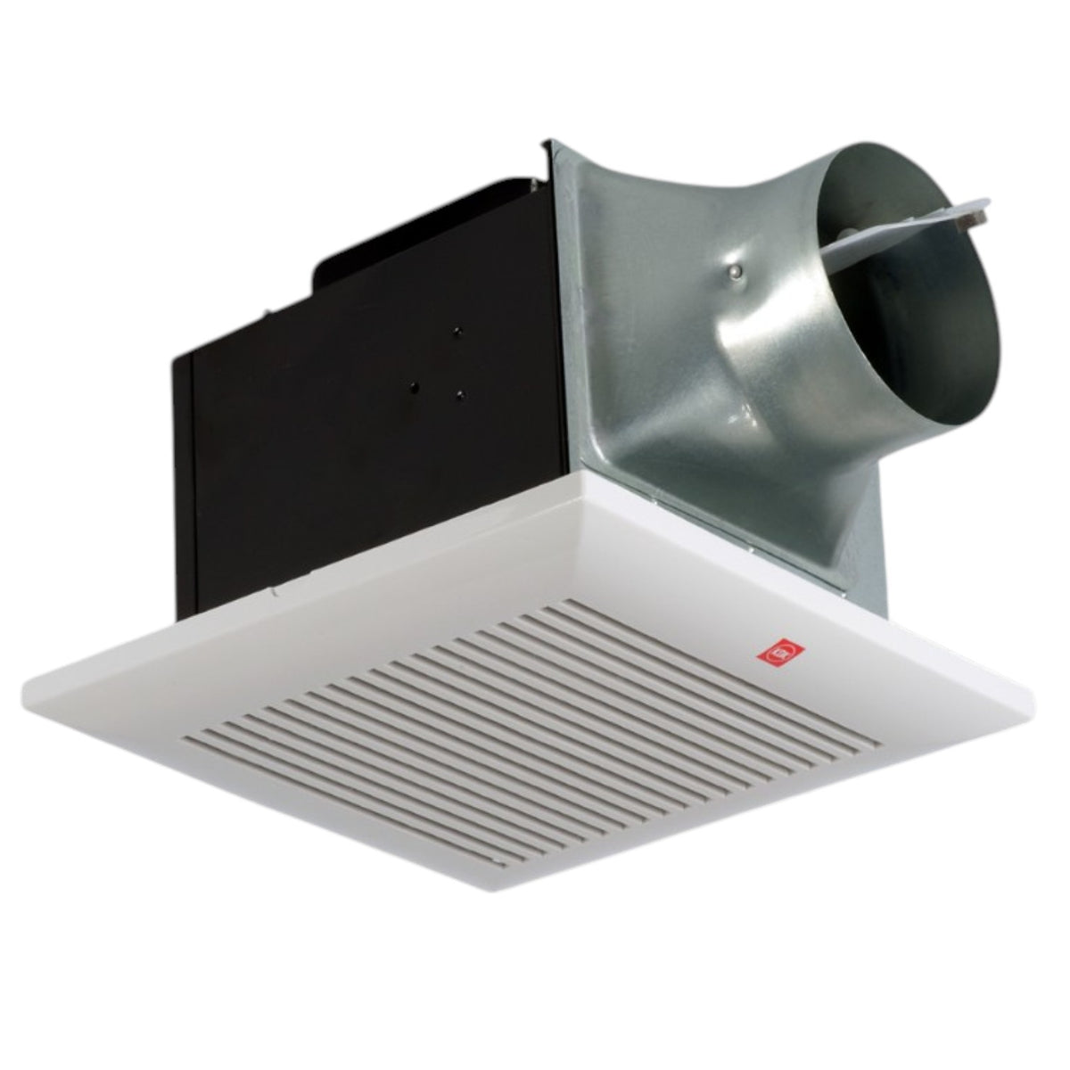 A ceiling-mounted bathroom exhaust fan with a white grille face, black motor housing, and a galvanized steel duct flange, shown against a plain white background.