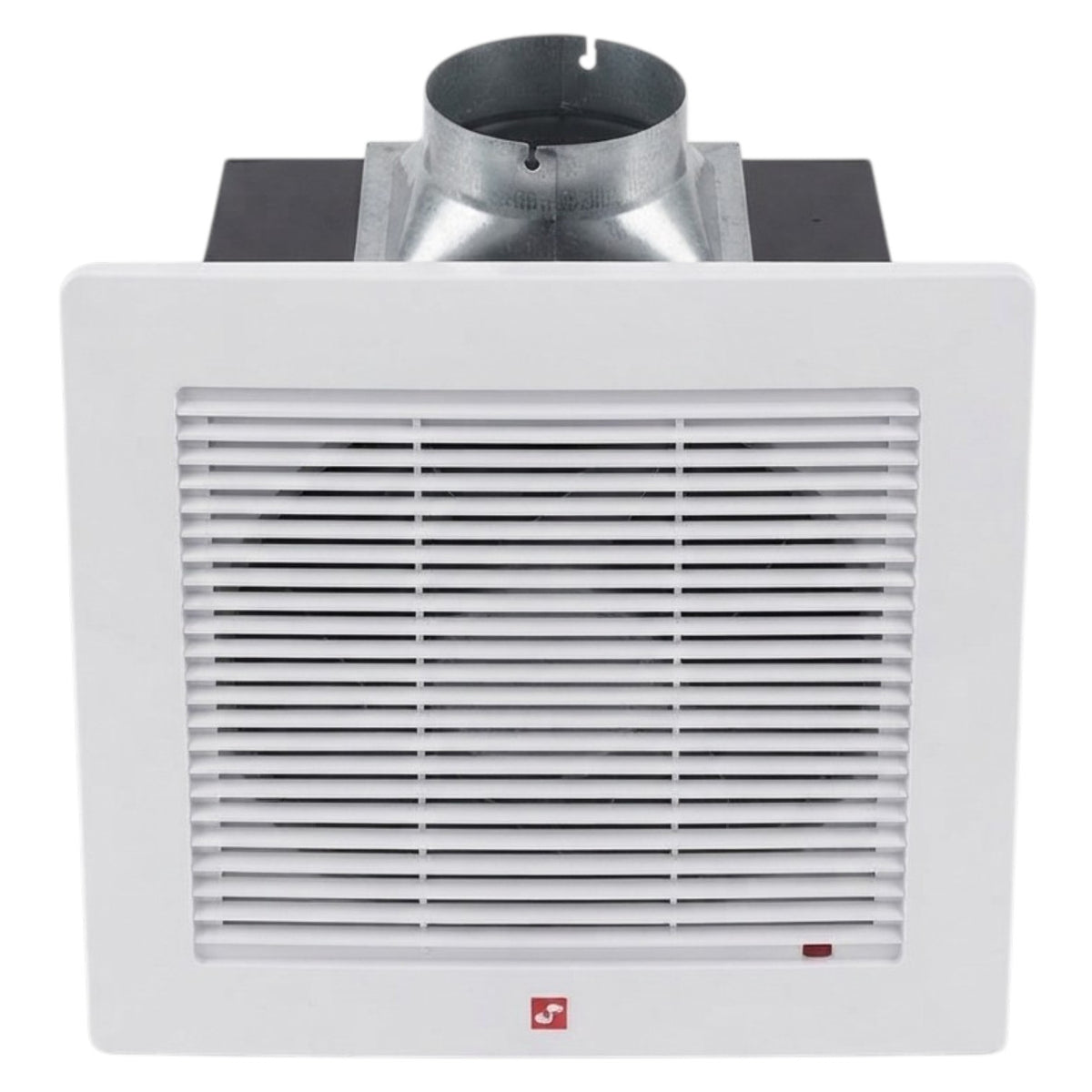 A white ceiling or wall-mounted exhaust fan with a front grille and a silver metal duct pipe extending from the top, shown against a plain white background.