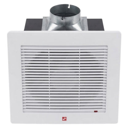 A white ceiling or wall-mounted exhaust fan with a front grille and a silver metal duct pipe extending from the top, shown against a plain white background.