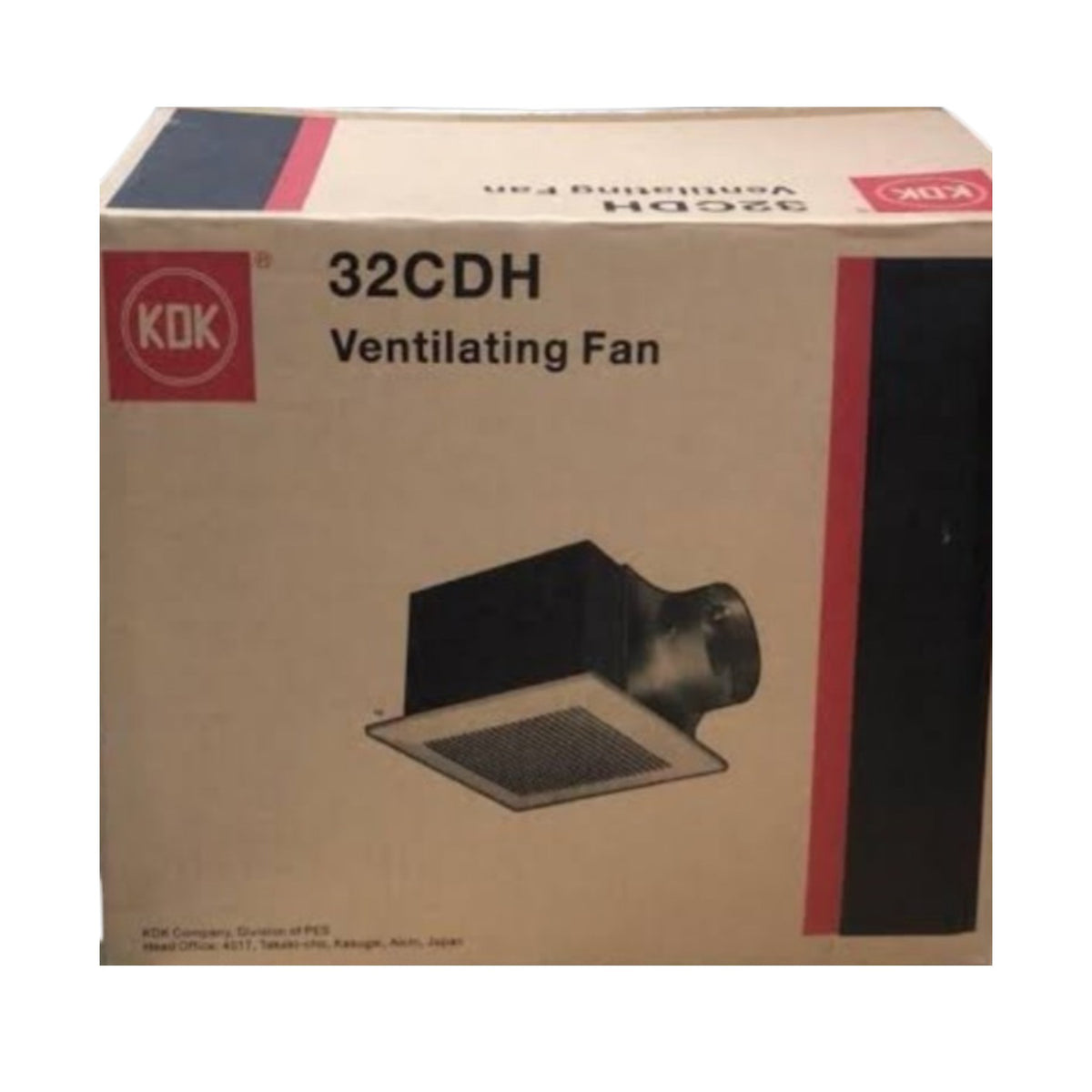 KOK 32CDH Ventilating Fan retail packaging box, featuring a beige background with red, navy, and black graphics and a printed illustration of the ceiling fan.