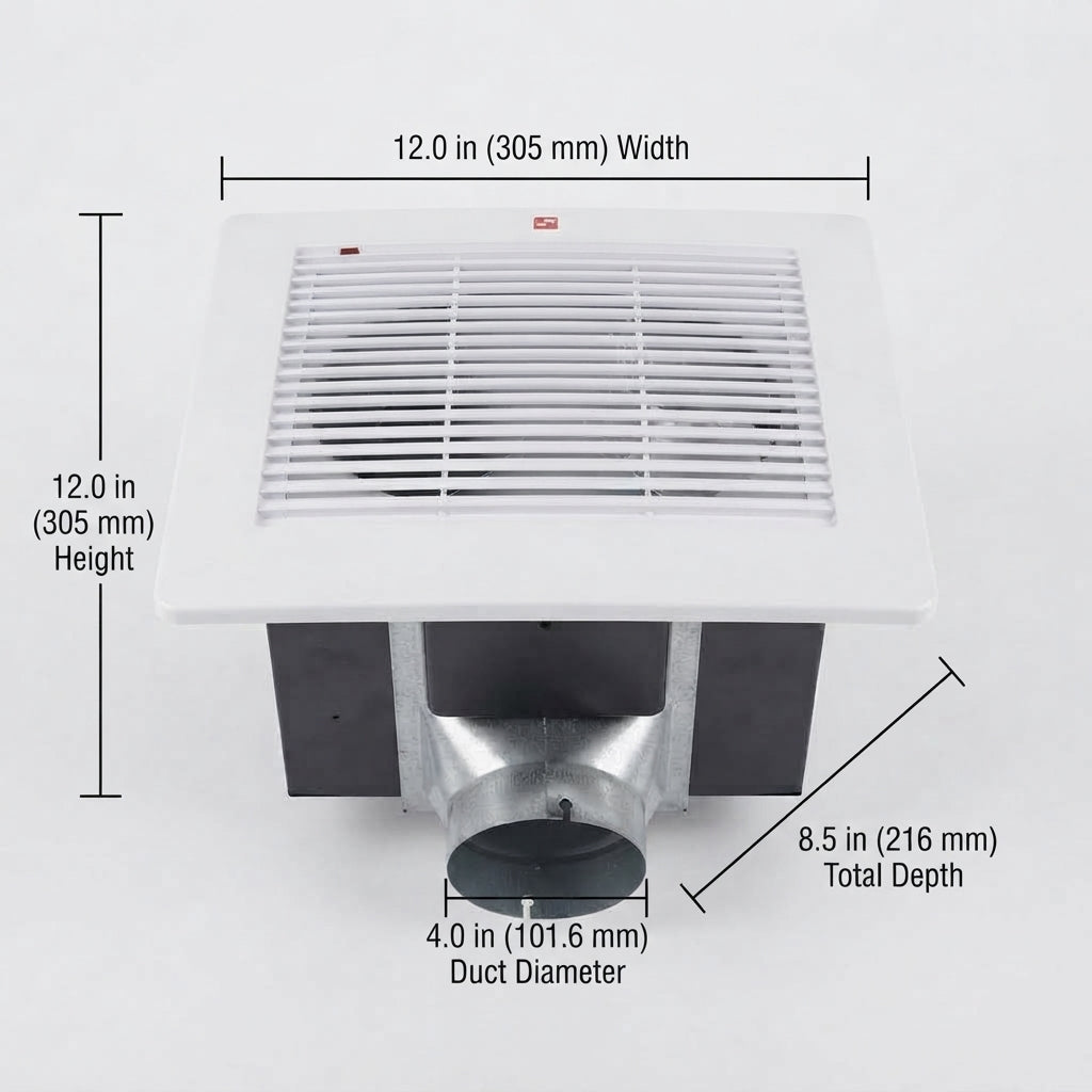 A white ceiling fan vent with dimension annotations showing 12.0 in width, 12.