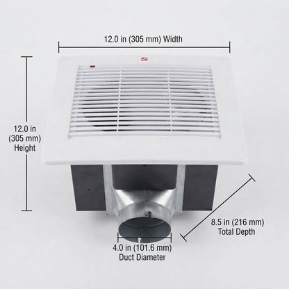 A white ceiling fan vent with dimension annotations showing 12.0 in width, 12.