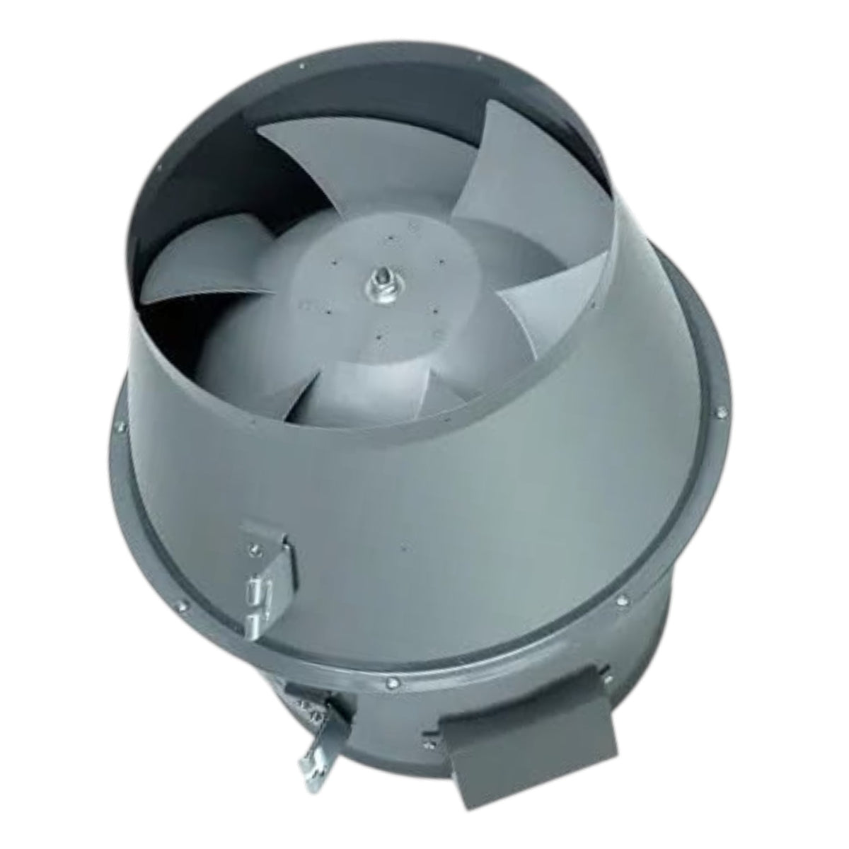 A gray metal duct fan with a multi-blade impeller inside a conical housing, shown on a plain white background.
