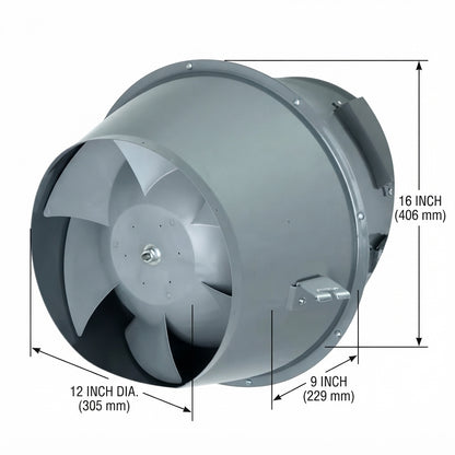 A gray metal duct fan with internal blades, shown with dimension callouts indicating 16 inch height, 12 inch diameter, and 9 inch width on a white background.
