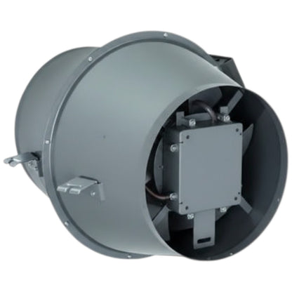 A gray metal duct fan with a visible internal blower assembly and mounting hardware, shown on a plain white background.