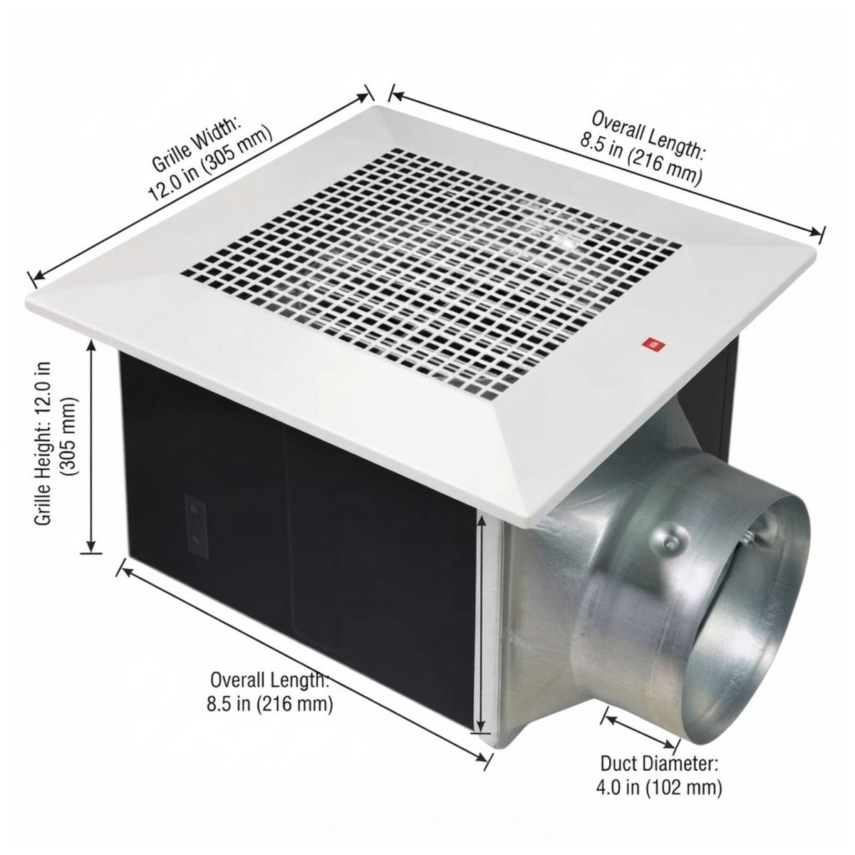 A square ventilation fan with a white top grille, black side panel, and silver metal duct outlet, shown with dimension callouts for overall length, grille width, height, and duct diameter on a white background.