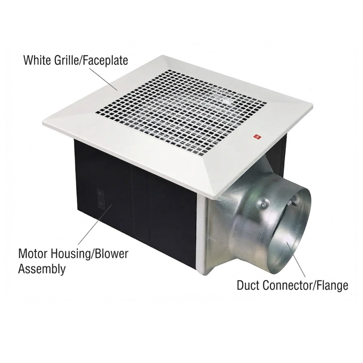 A square white ceiling or wall-mounted ventilation fan with a black motor housing and a silver duct connector, shown with labeled callouts for the grille/faceplate, motor housing/blower assembly, and duct connector/flange on a white background.