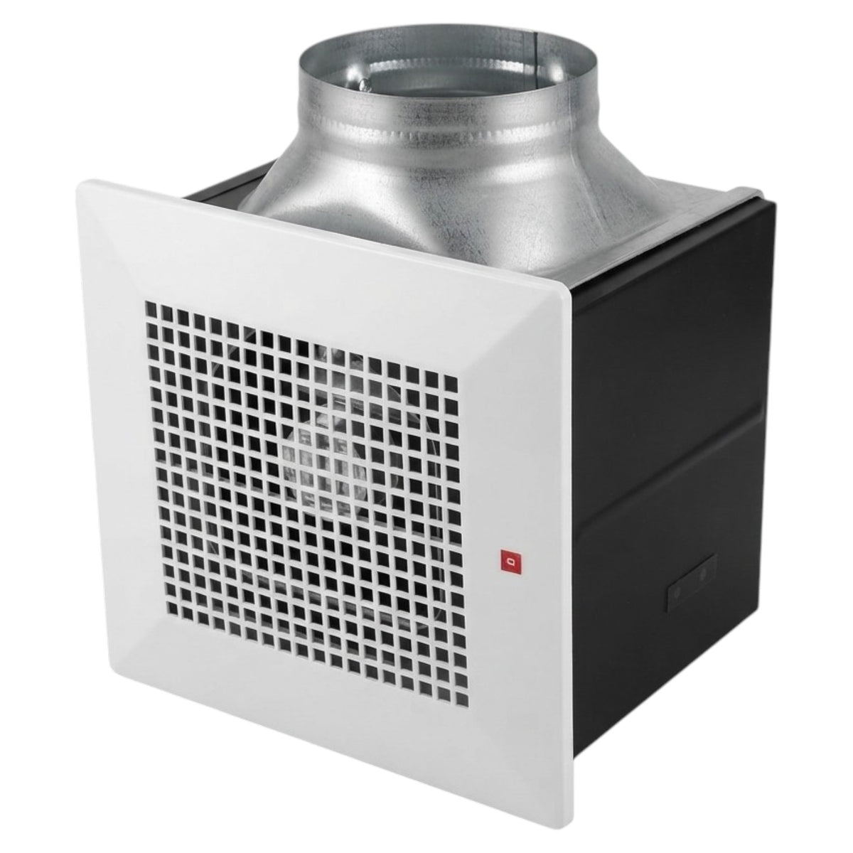 A square wall-mounted ventilation fan with a white front grille, black side housing, and a silver metal duct at the top, shown on a plain white background.