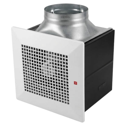 A square wall-mounted ventilation fan with a white front grille, black side housing, and a silver metal duct at the top, shown on a plain white background.