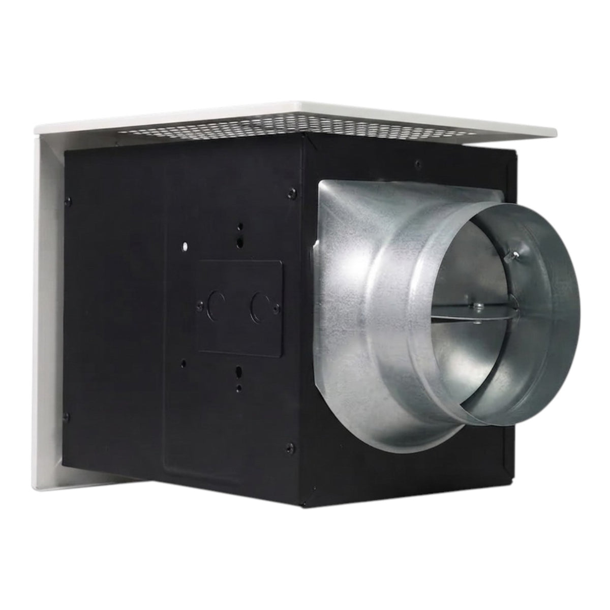 A black and silver metal duct fan assembly with a white mounting plate, shown on a solid white background.