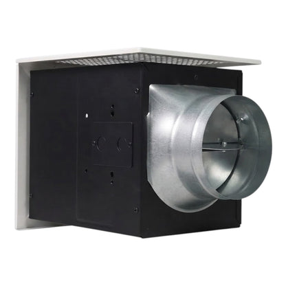 A black and silver metal duct fan assembly with a white mounting plate, shown on a solid white background.