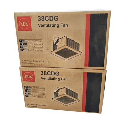 Two KDK 38CDG Ventilating Fan replacement boxes stacked vertically on a white background.