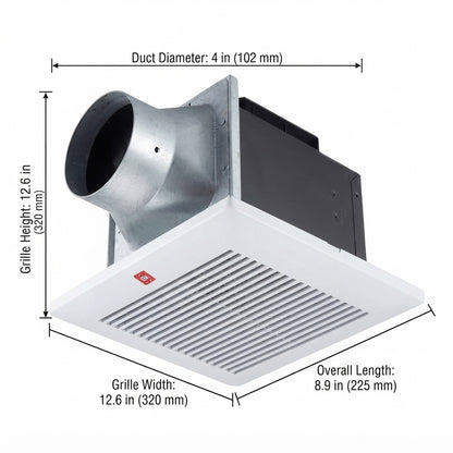 A ceiling fan vent with dimension annotations showing duct diameter, grille height, grille width, and overall length on a white background.