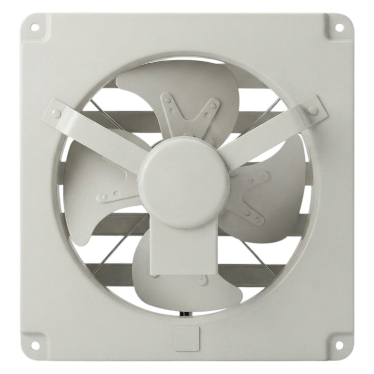 A square white plastic exhaust fan with five blades and mounting holes in the corners, shown against a plain white background.