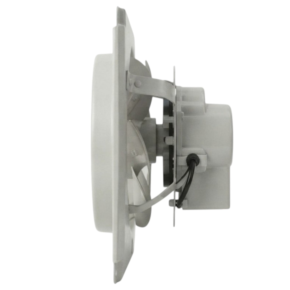 A white plastic replacement fan motor assembly with a mounting bracket and a black wire, shown from a side profile view against a white background.