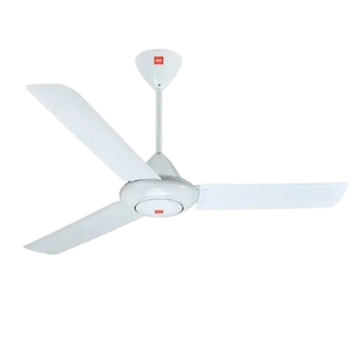 A white three-blade ceiling fan with a central hub and a small red logo on the downrod, shown against a plain white background.