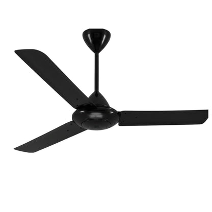 A three-blade ceiling fan in a matte black finish, shown from a side angle against a solid white background.