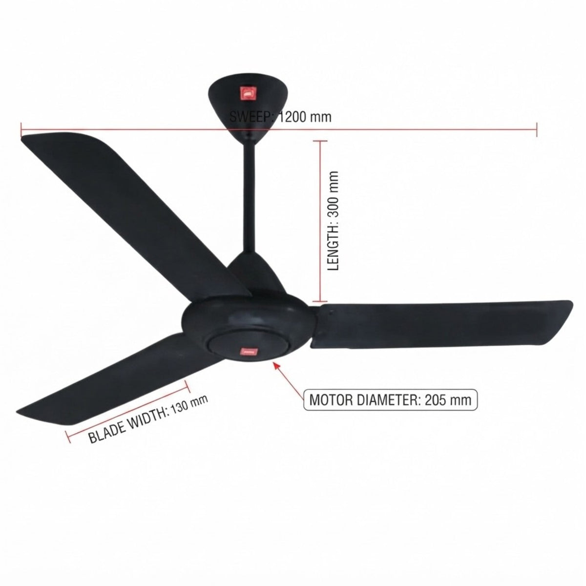 Black three-blade ceiling fan with dimension annotations showing blade width 120 mm, length 300 mm, motor diameter 205 mm, and sweep 1200 mm on a white background.
