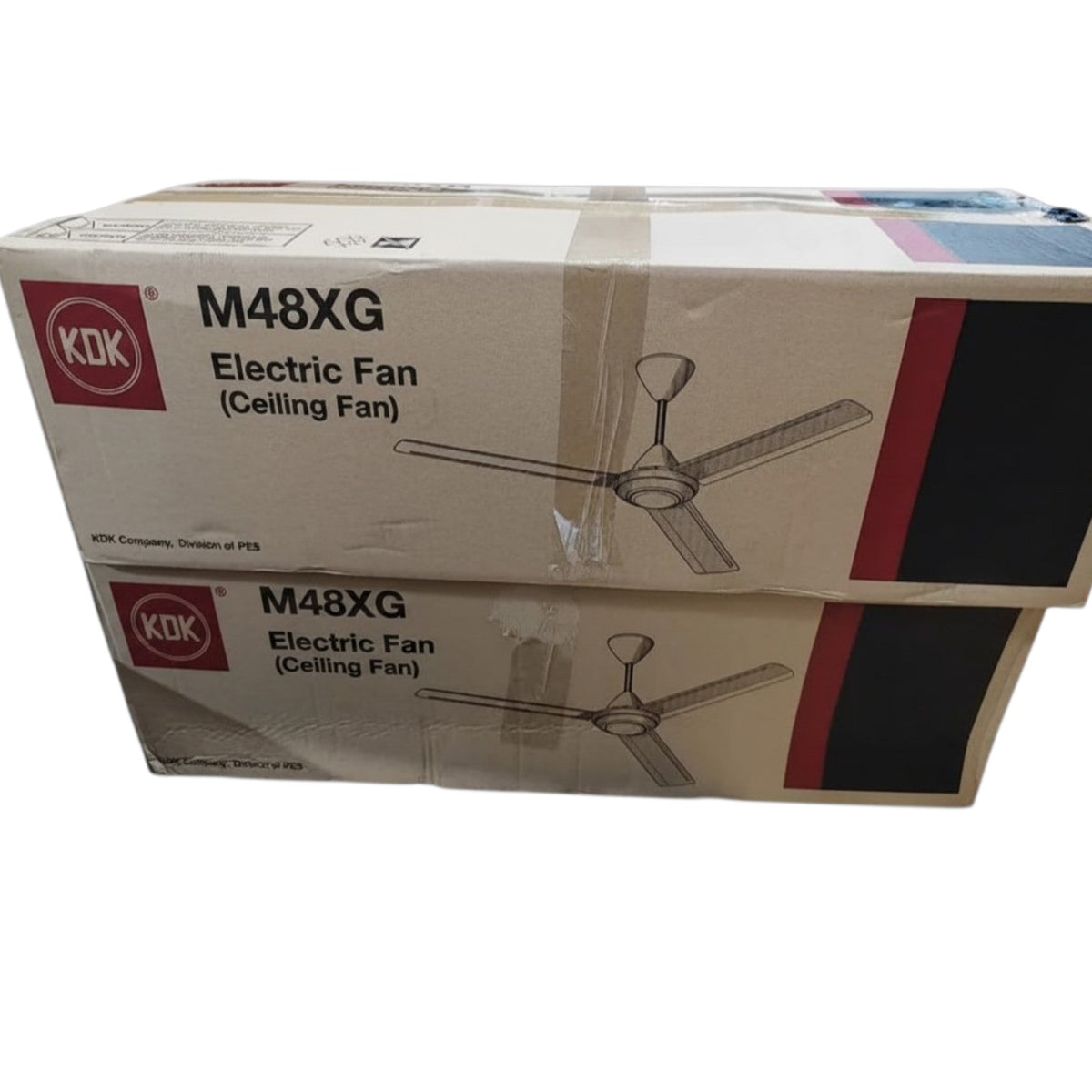 Two stacked KOK M48XG electric fan ceiling fan boxes on a plain white background.