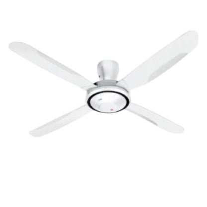 A white five-blade ceiling fan with a central light fixture, shown against a plain white background.